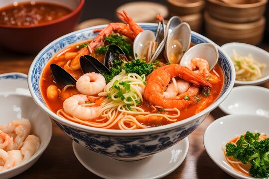 A steaming bowl of jjamppong spicy seafood noodle soup filled with clams shrimp squid and vegetable, Ai Generated