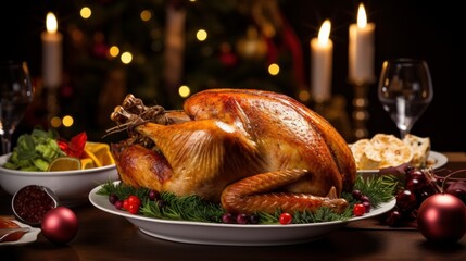 Christmas Dinner. Roasted chicken. Winter Holiday table served, decorated with candles and xmas baubles. Roast turkey over wooden background with Christmas tree