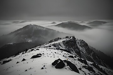 Dramatic Snow-Covered Mountain Range in Foggy Landscape