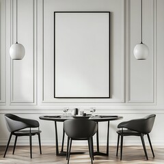 Modern Minimalist Dining Room with Sleek Black Furniture and Pendant Lights