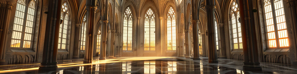 Fototapeta premium Gothic Cathedral at Dusk: Reflective Interior