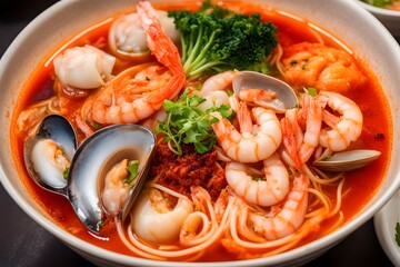 A steaming bowl of jjamppong spicy seafood noodle soup filled with clams shrimp squid and vegetable, Ai Generated