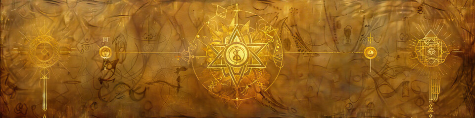 Religious Symbolism in Vintage Gold Tones on an Earthy Brown Canvas