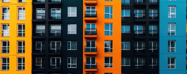 Modern residential complex with vibrant colors and balconies, showcasing striking facade of orange, black, and blue. design reflects contemporary architecture and urban living