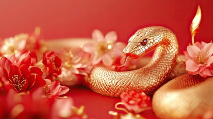 Fototapeta premium Golden Snake Surrounded by Red and Pink Flowers