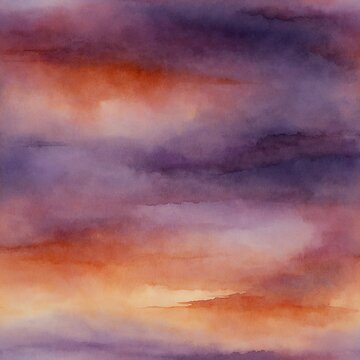 "An abstract watercolor background depicting a serene sunset sky. Soft gradients of warm orange blend into deep purples, creating a dreamy horizon. The colors seamlessly transition, with delicate brus