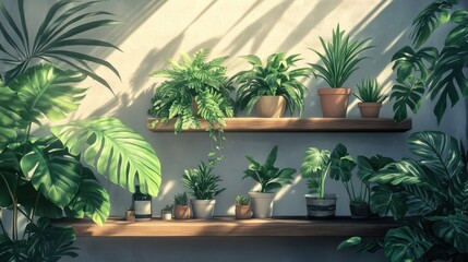 Fototapeta premium Cozy indoor scene with lush plants on wooden shelves, their shadows creating a serene atmosphere on the wall behind.