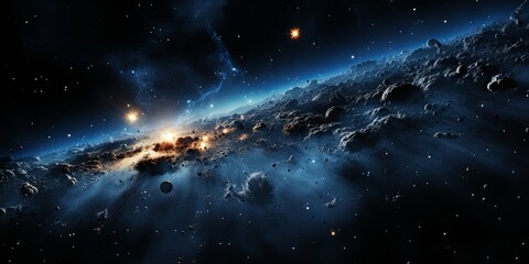 Fototapeta premium Celestial Dance of Dust and Light A Cosmic Symphony of Celestial Bodies, Nebulae, and Interstellar Radiation