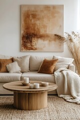 Cozy Minimalist Living Room with Neutral Tones and Wooden Accents, A warm and inviting minimalist living room featuring a beige couch adorned with soft textured pillows and throws in earthy tones