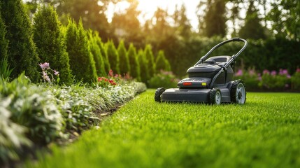 A neatly trimmed lawn being mowed by a gardener using a cordless electric mower, showcasing the simplicity and efficiency of modern gardening tools.