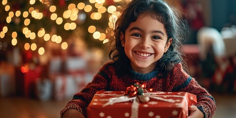 happy kid opening christmas present 