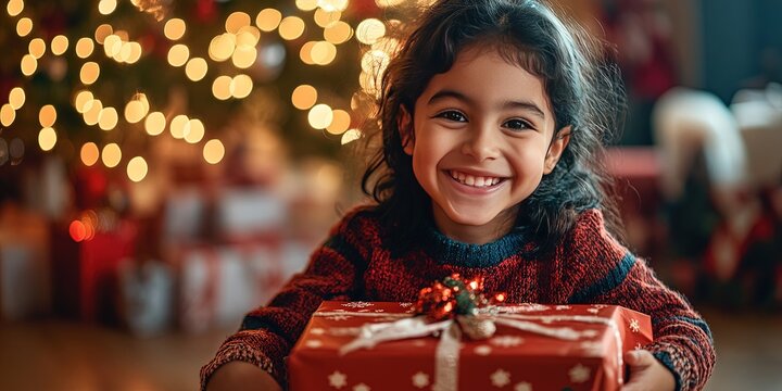 happy kid opening christmas present 