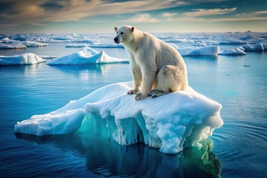 High Angle Melting iceberg polar bear precariously perched symbolizing urgency to address climate change and protect species