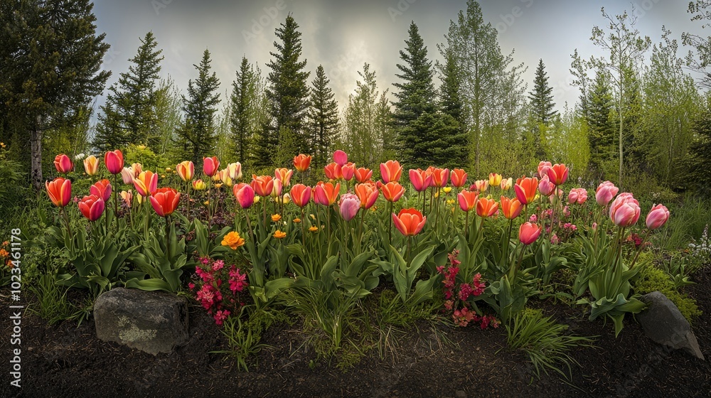 Wall mural A panoramic shot of tulips blooming in the spring, nestled in a coniferous garden, their beauty enhanced by the fresh, natural setting.