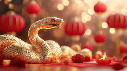Obraz premium Golden Snake on Red Background with Blurry Red Lanterns