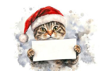 Naklejka premium Cat in Santa Claus hat holds white big card on white background, watercolor style 