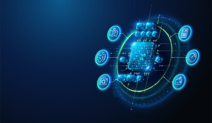 Abstract illustration of smartphone with ai chip in hand  in low poly style. Blue geometric background depicting artificial intelligence computing hardware concept by wireframe connection structure