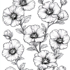 A Nemesia, line pattern, black and white artwork style. Coloring book, zoom out, isolated on solid white background