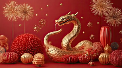 Obraz premium Golden Dragon with Red and Gold Decor on Red Background