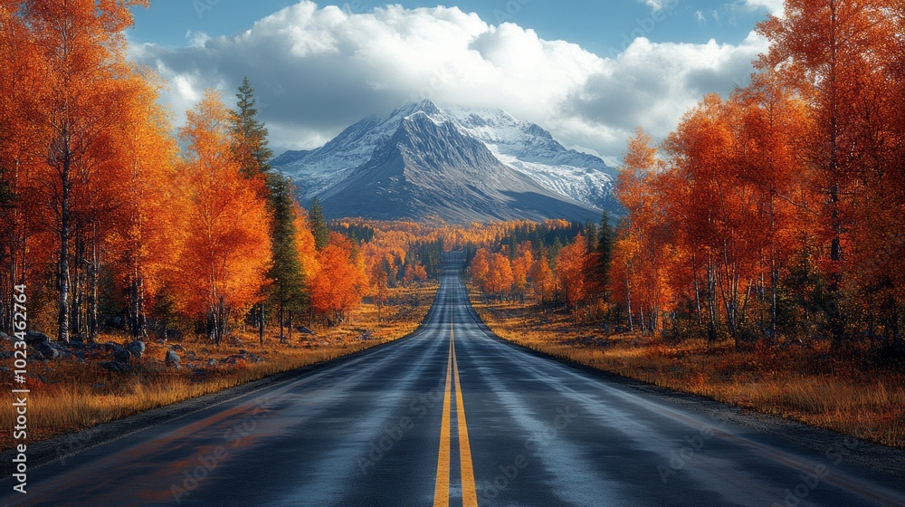 Poster a road with a mountain in the background and trees on both sides