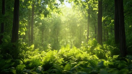 Lush green forest with sunlight filtering through trees, creating a serene atmosphere.
