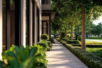 Naklejka premium Modern sidewalk lined with trees and bushes, showcasing urban landscaping.
