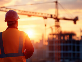 construction worker in safety vest and helmet observes building site at sunset, with cranes silhouetted against vibrant sky. scene conveys sense of progress and dedication