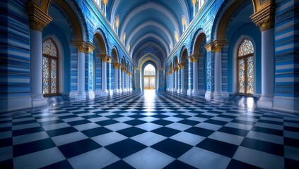 Islamic-Style Architecture with Blue and White Tiles Featuring Intricate Geometric Patterns