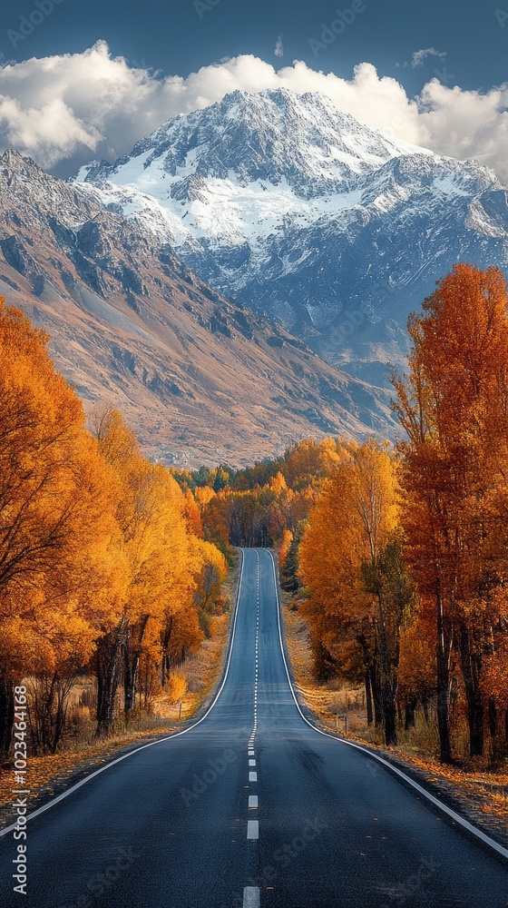 Poster a road with trees on both sides and a mountain in the background