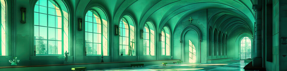 Fototapeta premium European Monastery Interior in Peaceful Aqua and Green Hues