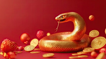 Obraz premium Golden Snake Surrounded by Chinese Coins and Ornaments on Red Background