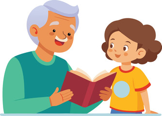 Fototapeta premium A heartwarming vector illustration of a grandfather reading a book to his grandson, symbolizing family bonding, storytelling, and education.
