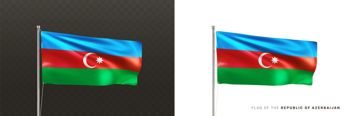 Obraz premium Realistic national flag of the Republic of Azerbaijan on a metal flagpole isolated on black and white background. Waving in the wind flag. Patriotic symbol country Azerbaijan. 3d vector illustration
