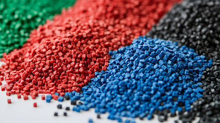 Fototapeta premium Blue, red and green Plastic pellets Background Close-up Plastic granules Polymer plastic beads resin polymer