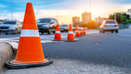 Row of Traffic Cones on Asphalt in the Foreground
