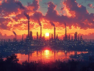 An Oil Refinery Stands Majestic at Sunset, Pipes Stretching Against a Fiery Sky, Capturing Industrial Strength and the Enchanting Beauty of Nature's Transition from Day to Night