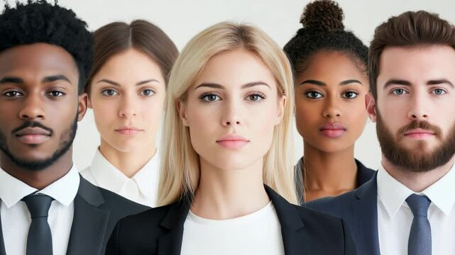 A group of five diverse professionals posing confidently in business attire on white backdrop. Concept of teamwork, employment