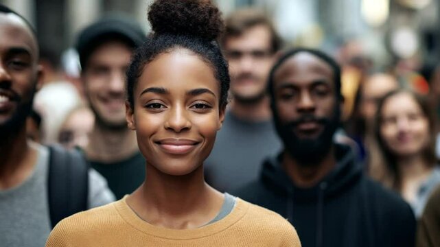 A diverse group of people stands together in an urban environment, showcasing joy and unity as they share the moment