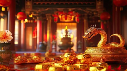 Fototapeta premium Golden Dragon Statue in a Traditional Chinese Setting