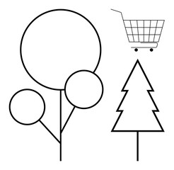 Simple line art of different trees and a shopping cart. Ideal for environmental topics, nature conservation, shopping, eco-friendly commerce, and minimalistic design concepts. Black and white. Clean