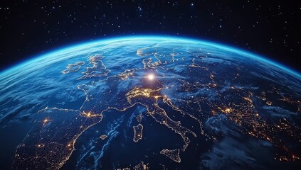 Fototapeta premium Wide Shot of Earth from Space with Glowing Connections Between Cities Symbolizing Global Connectivity and Digital Transformation