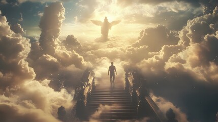 A man walks up the stairs of heaven, approaching God amidst the clouds,