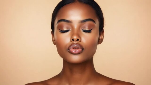 A black young woman poses elegantly, blowing a kiss, with flawless skin, highlighting her makeup and natural beauty on beige backdrop