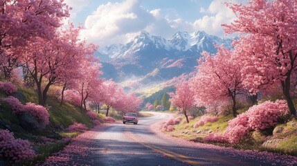 Scenic Drive Through a Blossoming Mountain Valley