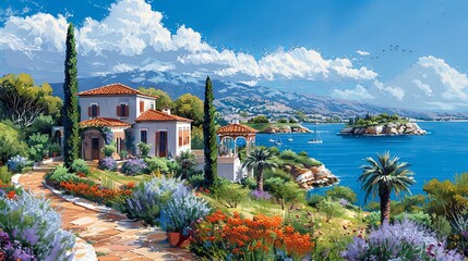 Mediterranean Landscape with traditional romantic belvedere in a park with a garden, flowering beds, palms, island and the sea in the background. Handmade drawing vector illustration