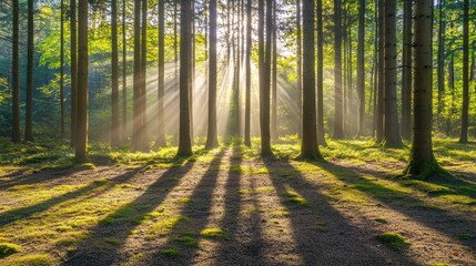 Obraz premium Sunlight streams through the trees in a dense forest, casting long shadows on the forest floor.