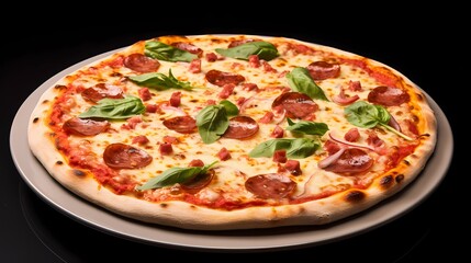 Delicious pizza topped with fresh basil and tomatoes, perfect for a savory meal.