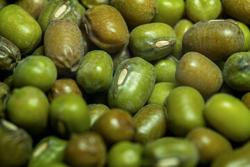 Mung bean or Vigna radiata seeds , green gram close up , texture.