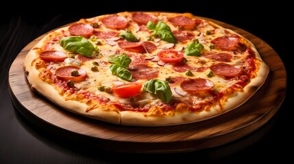 Delicious pizza topped with fresh basil and tomatoes, perfect for a savory meal.