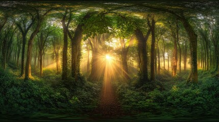 Obraz premium A 360° panorama of a sunlit forest, with rays of light breaking through the canopy. The forest floor is covered in lush greenery and a path leads towards the center.